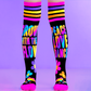 Black knee high socks with colorful peace love flower and rainbow design