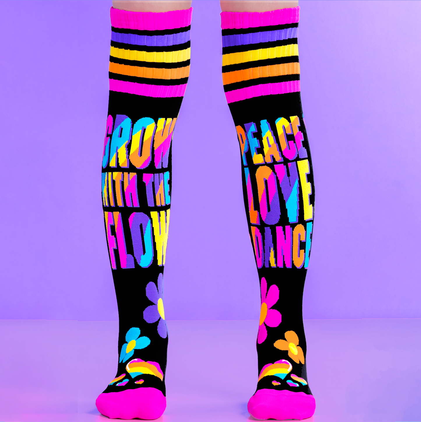 Black knee high socks with colorful peace love flower and rainbow design