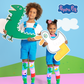 Children wearing colorful Peppa Pig knee high socks with dinosaur and duck plush details