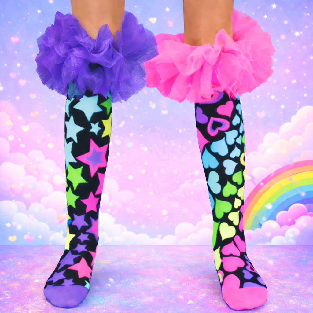 Playful crazy socks featuring vibrant colors, funky frills, and fun statement design.