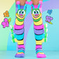 Rainbow caterpillar knee high socks for kids featuring colorful stripes and fun character artwork.