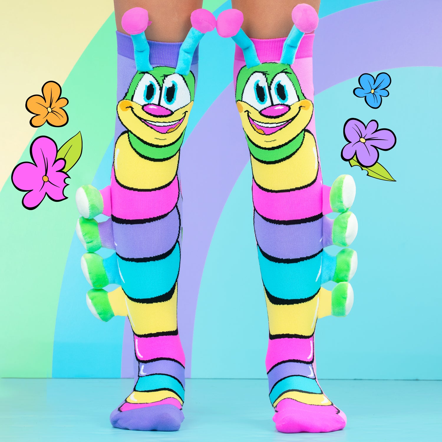 Rainbow caterpillar knee high socks for kids featuring colorful stripes and fun character artwork.