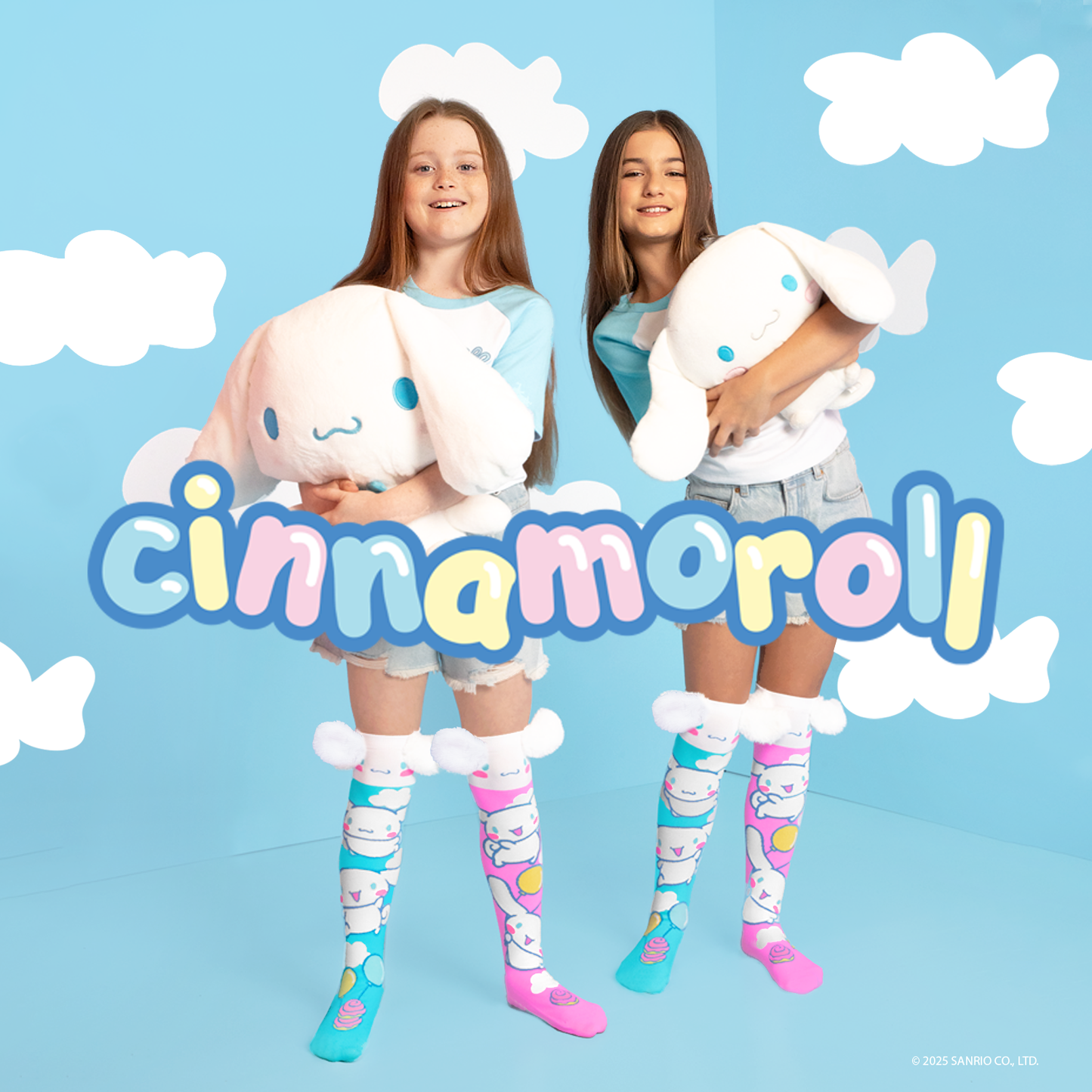 Kids wearing Cinnamoroll knee high socks with fluffy 3D ears and pastel cloud design