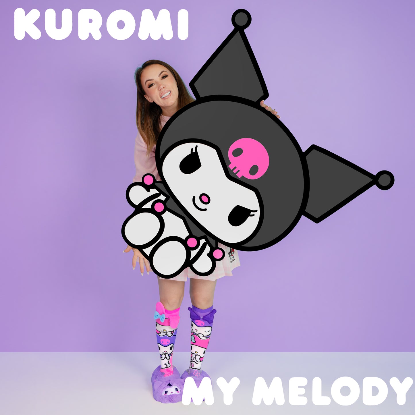 Sanrio character socks featuring Kuromi and My Melody in pink and purple colors