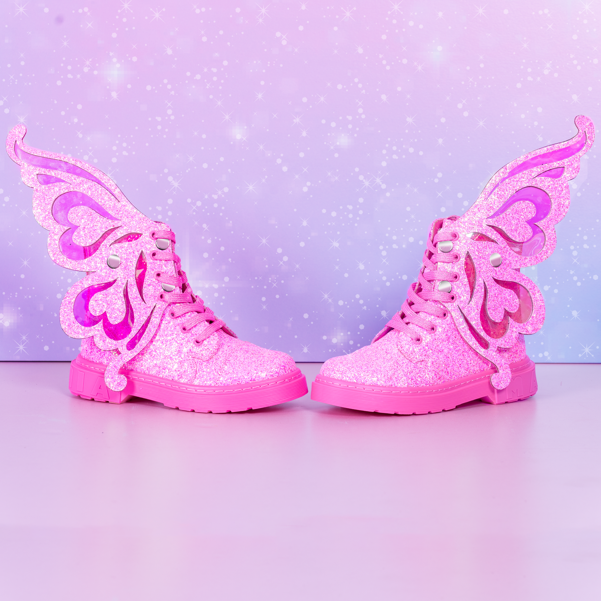 Sparkly fairy shoes with glitter finish and detachable wings that change color in different light conditions.