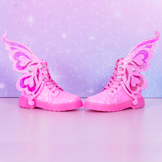 Sparkly fairy shoes with glitter finish and detachable wings that change color in different light conditions.
