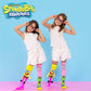 Kids wearing SpongeBob SquarePants knee high socks featuring SpongeBob and Patrick character graphics with plush details.