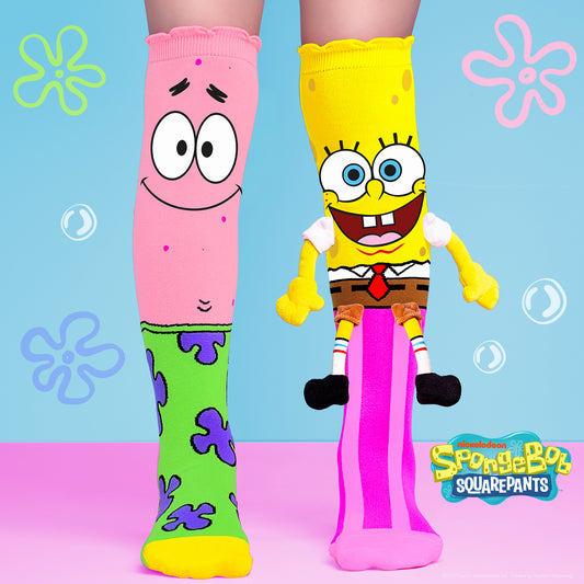 Close-up of SpongeBob SquarePants knee high socks featuring SpongeBob and Patrick character graphics with plush arms and legs.