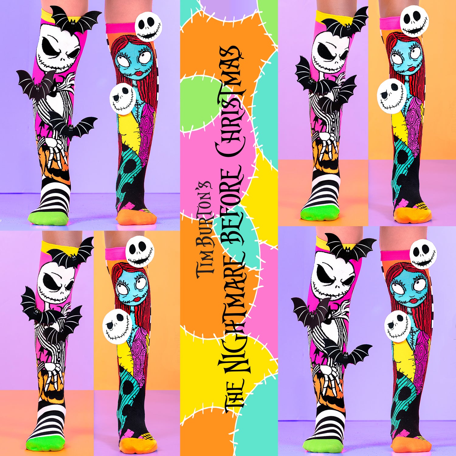 Spooky Nightmare Before Christmas socks with bat accents and unique Halloween-inspired design.