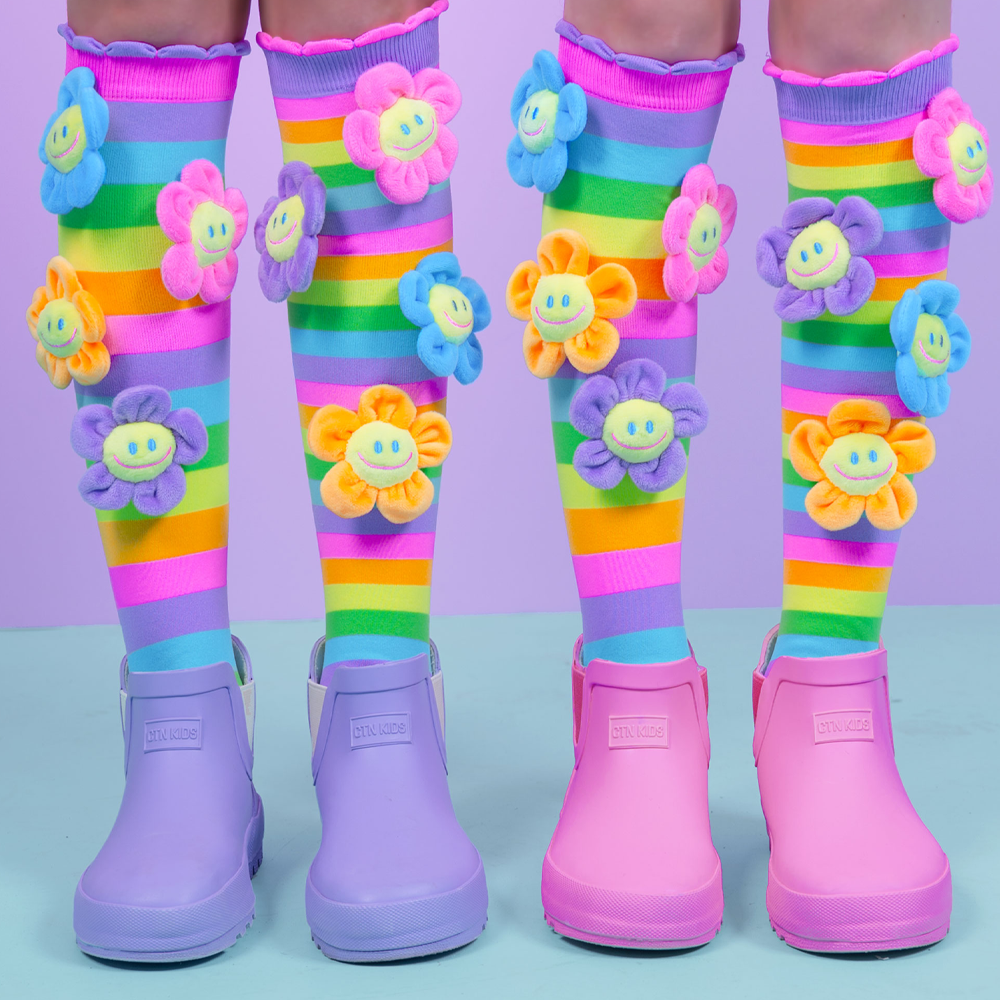 Spring flower socks featuring playful floral patterns and soft plush flower details.