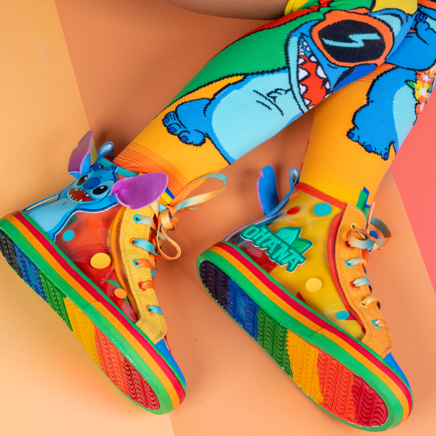 Stitch Hawaii character shoes with shiny ears detail and bright tropical colors.