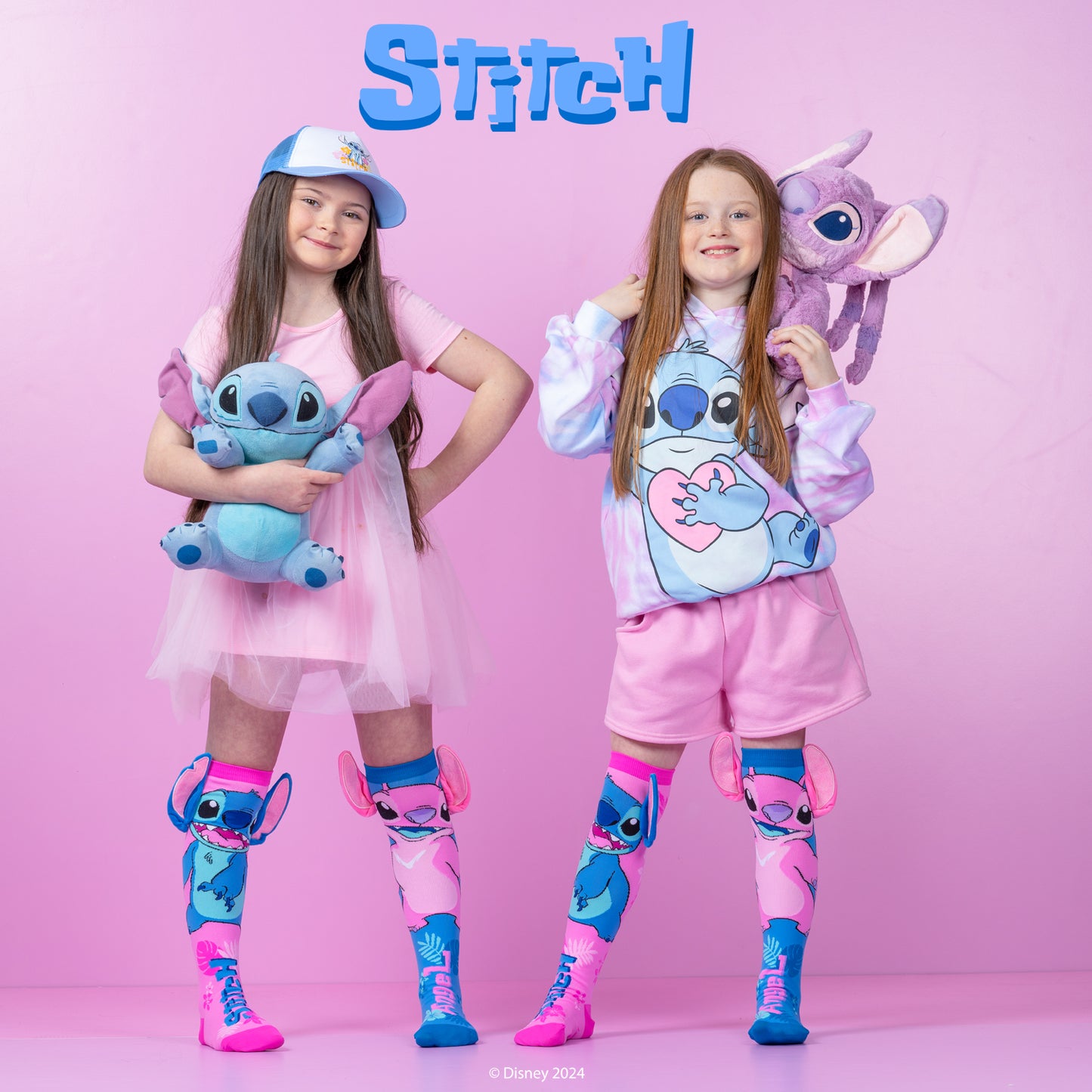 Stitch and Angel character socks for kids with bright colors and playful 3D plush ears.