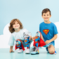 Superhero Superman socks featuring embroidered logo on cape, plush arm, and bold colorful design.