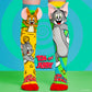 Colorful Tom and Jerry knee-high novelty socks with 3D ears, featuring cartoon characters on bright mismatched design