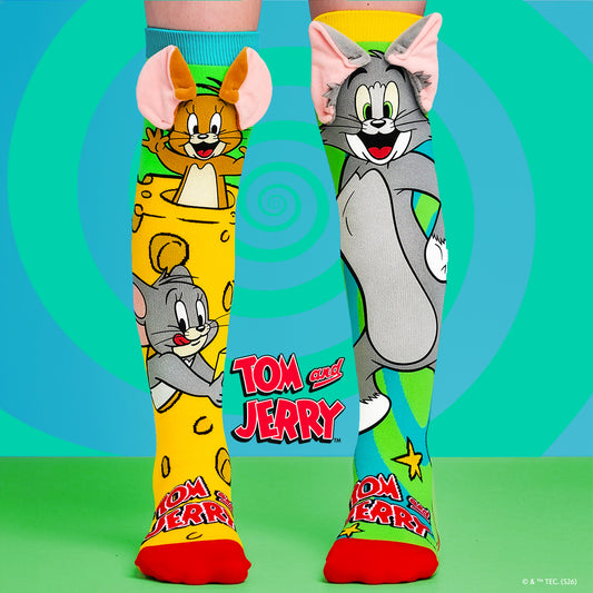 Colorful Tom and Jerry knee-high novelty socks with 3D ears, featuring cartoon characters on bright mismatched design