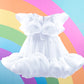 White Fairyland girls party dress with fluffy tulle layers, playful frills, and soft elegant design for special occasions.