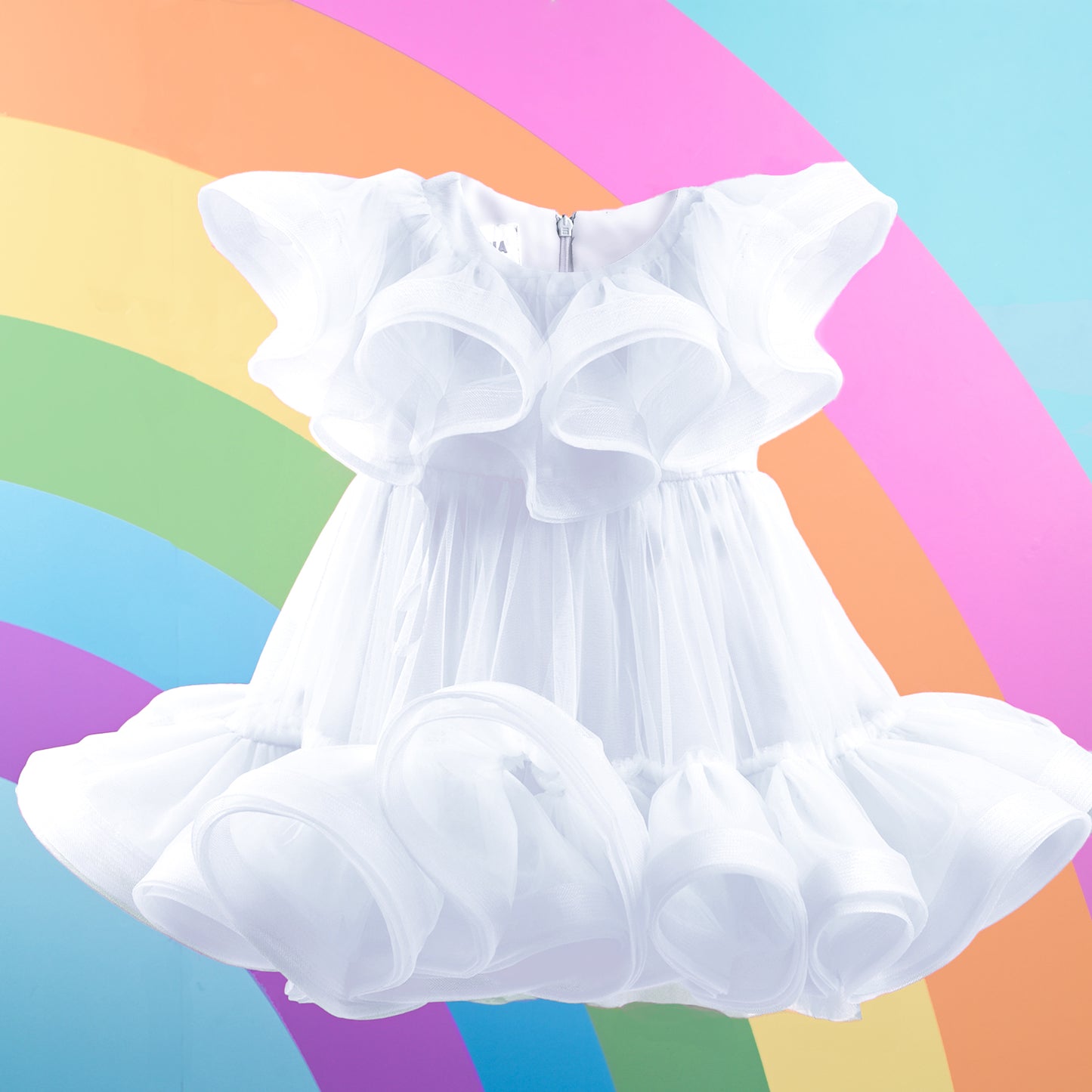 White Fairyland girls party dress with fluffy tulle layers, playful frills, and soft elegant design for special occasions.