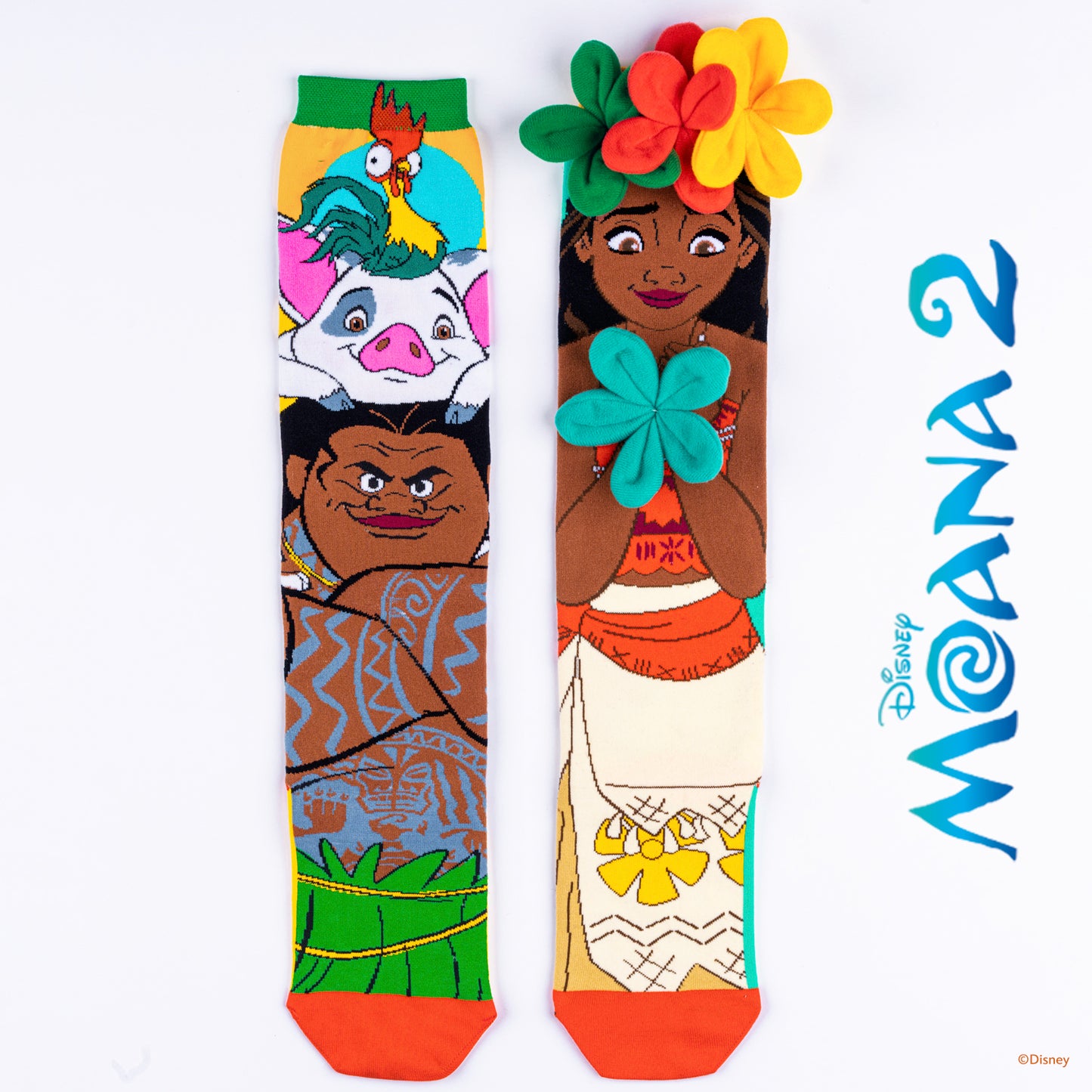 Colourful Disney Moana MADMIA knee-high socks featuring Moana and Maui with fun tropical character details for kids and adults.
