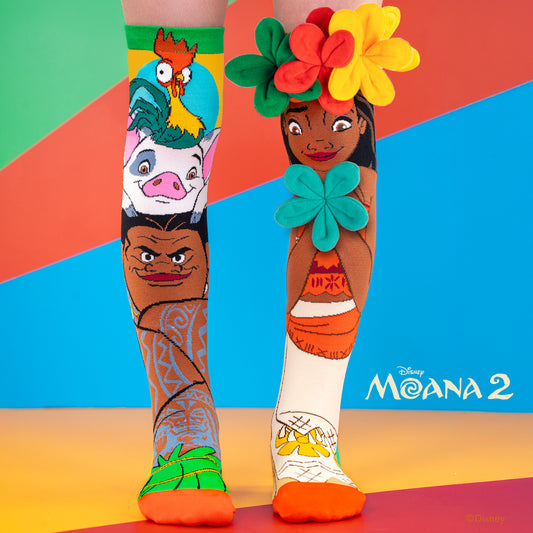 Disney Moana MADMIA socks featuring Moana, Maui, Hei Hei and Pua in colourful mismatched knee-high sock design for kids and adults.