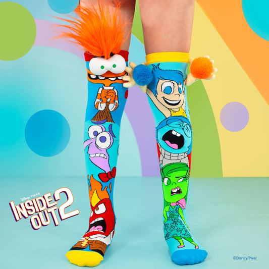 Disney Pixar Inside Out 2 MADMIA socks featuring Joy, Sadness, Disgust and Anxiety with colourful 3D details for kids and adults