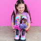 Barbie character socks for teens and adults featuring bright colors and attached tutu skirt details.