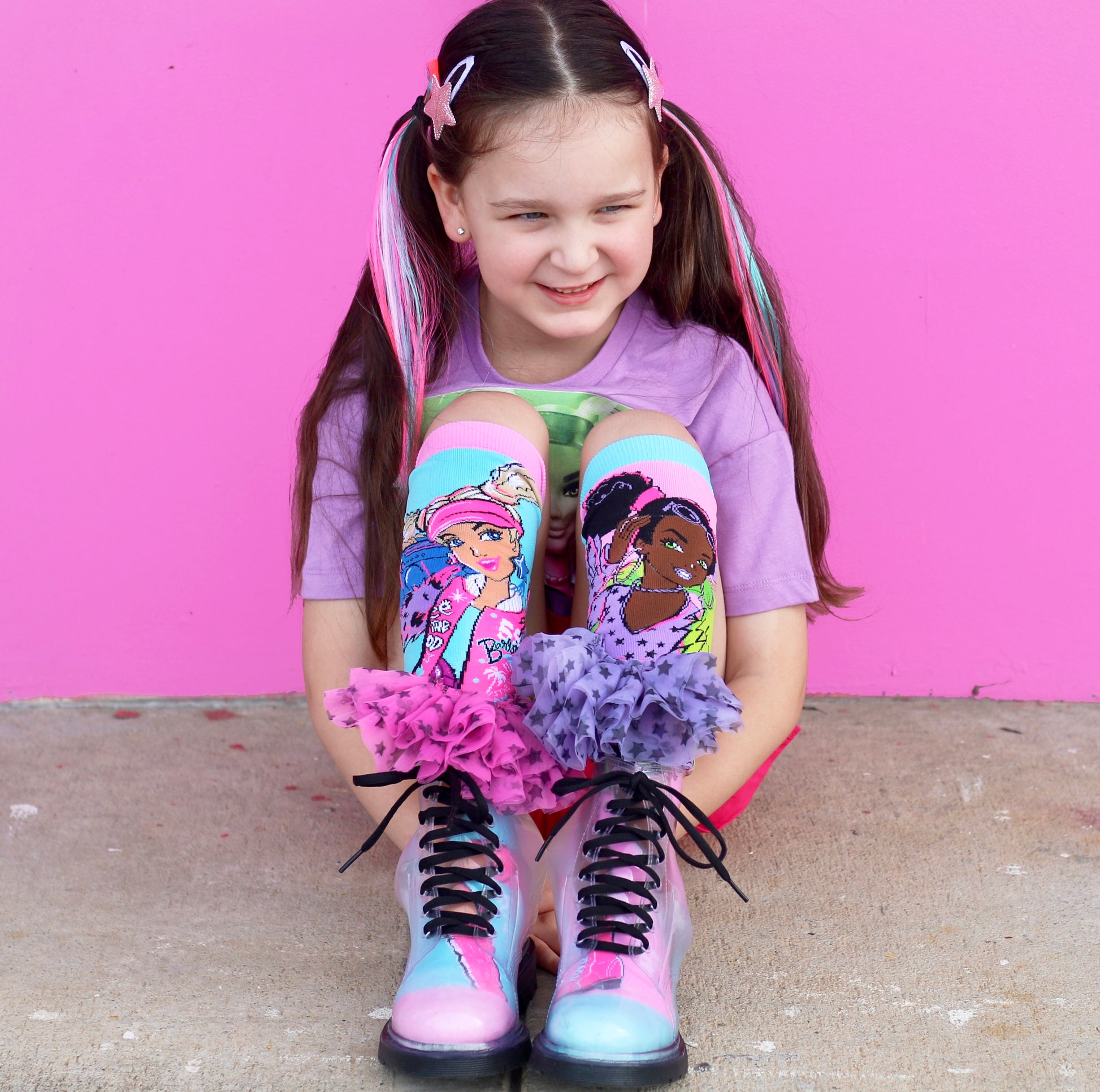Barbie character socks for teens and adults featuring bright colors and attached tutu skirt details.