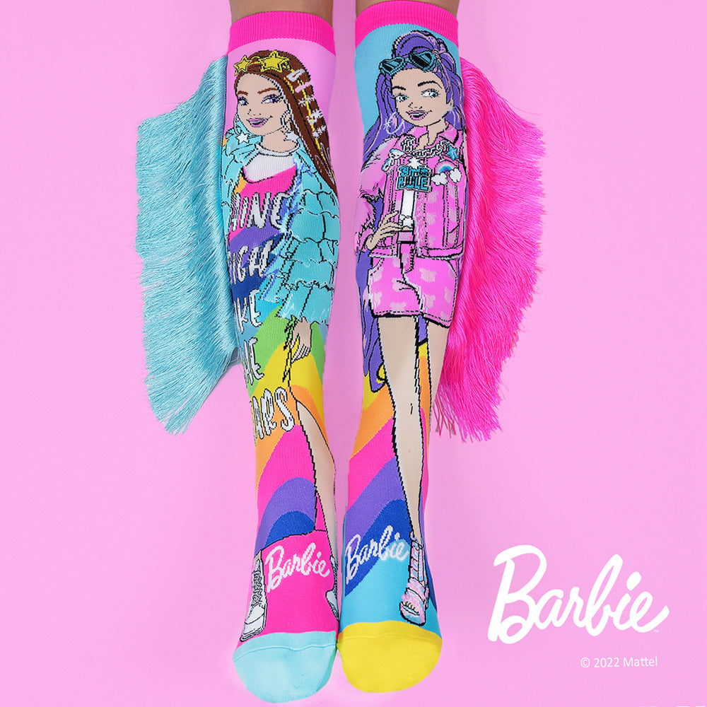 Barbie Extra Fashionista knee high socks featuring bright colors and extra long tassel details.
