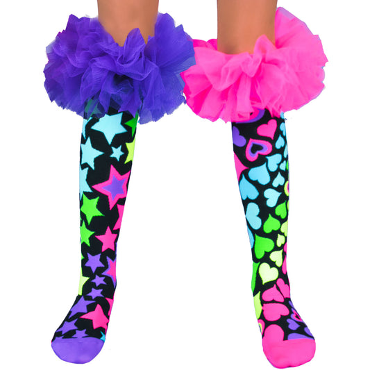 Colorful crazy knee high socks featuring bright bold colors and playful frill details.
