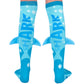 Colorful shark socks for kids and adults featuring fun ocean-themed patterns and plush fins.