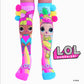 LOL Surprise Chica and Glow knee high socks featuring bold colors, fashionable doll graphics, and playful pom pom details.