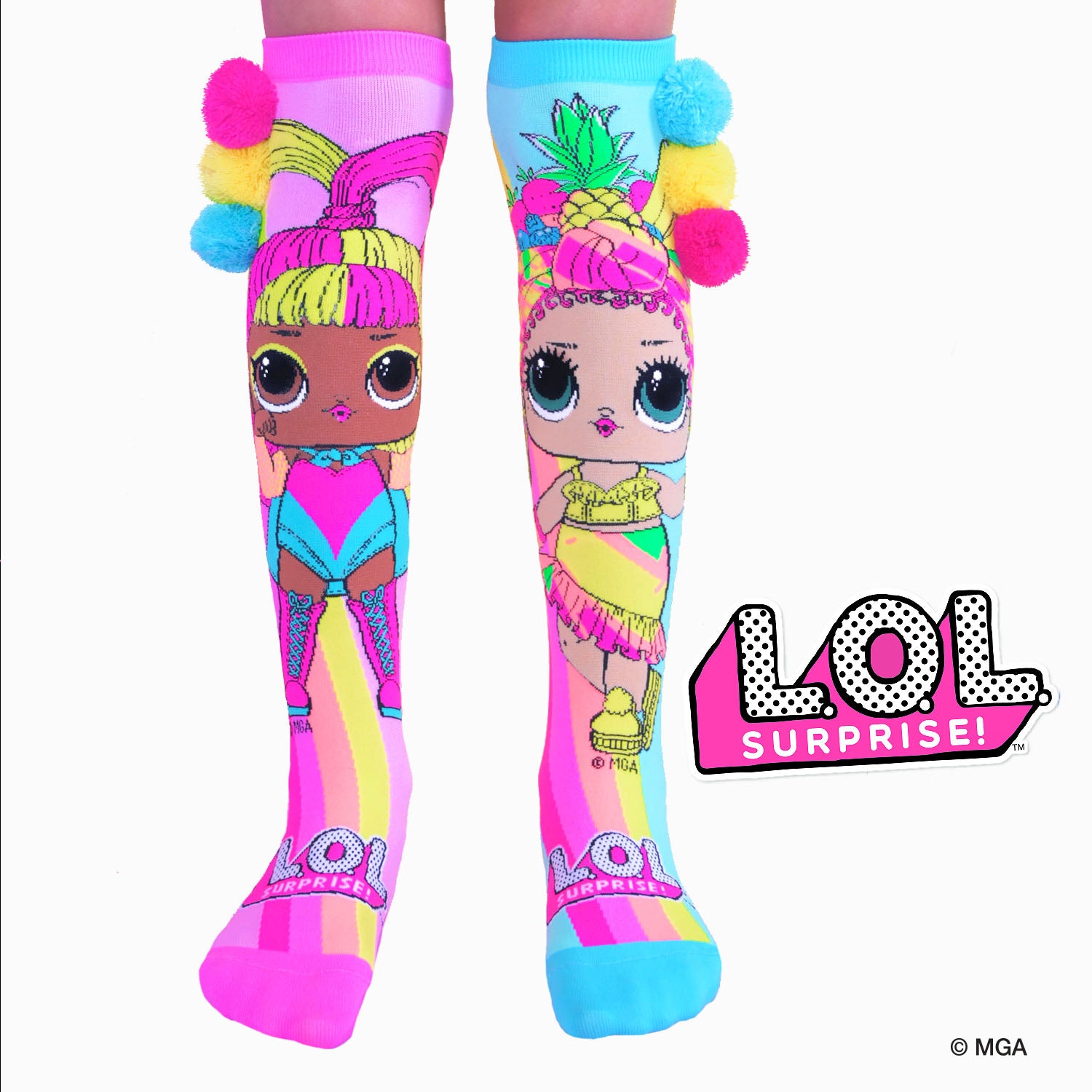 LOL Surprise Chica and Glow knee high socks featuring bold colors, fashionable doll graphics, and playful pom pom details.