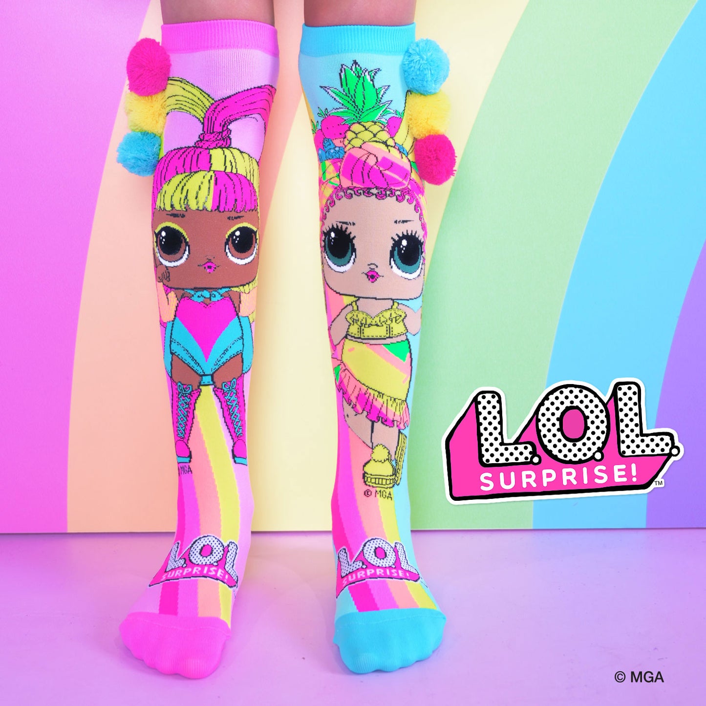 LOL Surprise Chica and Glow novelty socks with bright colors and custom-made pom pom accents for a fun party look.