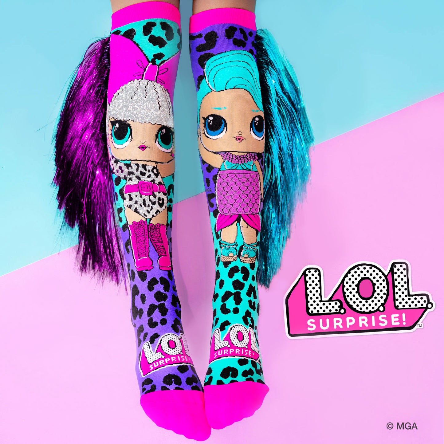 LOL Surprise Disco Dolls knee high socks featuring bold colors, fashionable doll graphics, and sparkly flowing tassels.