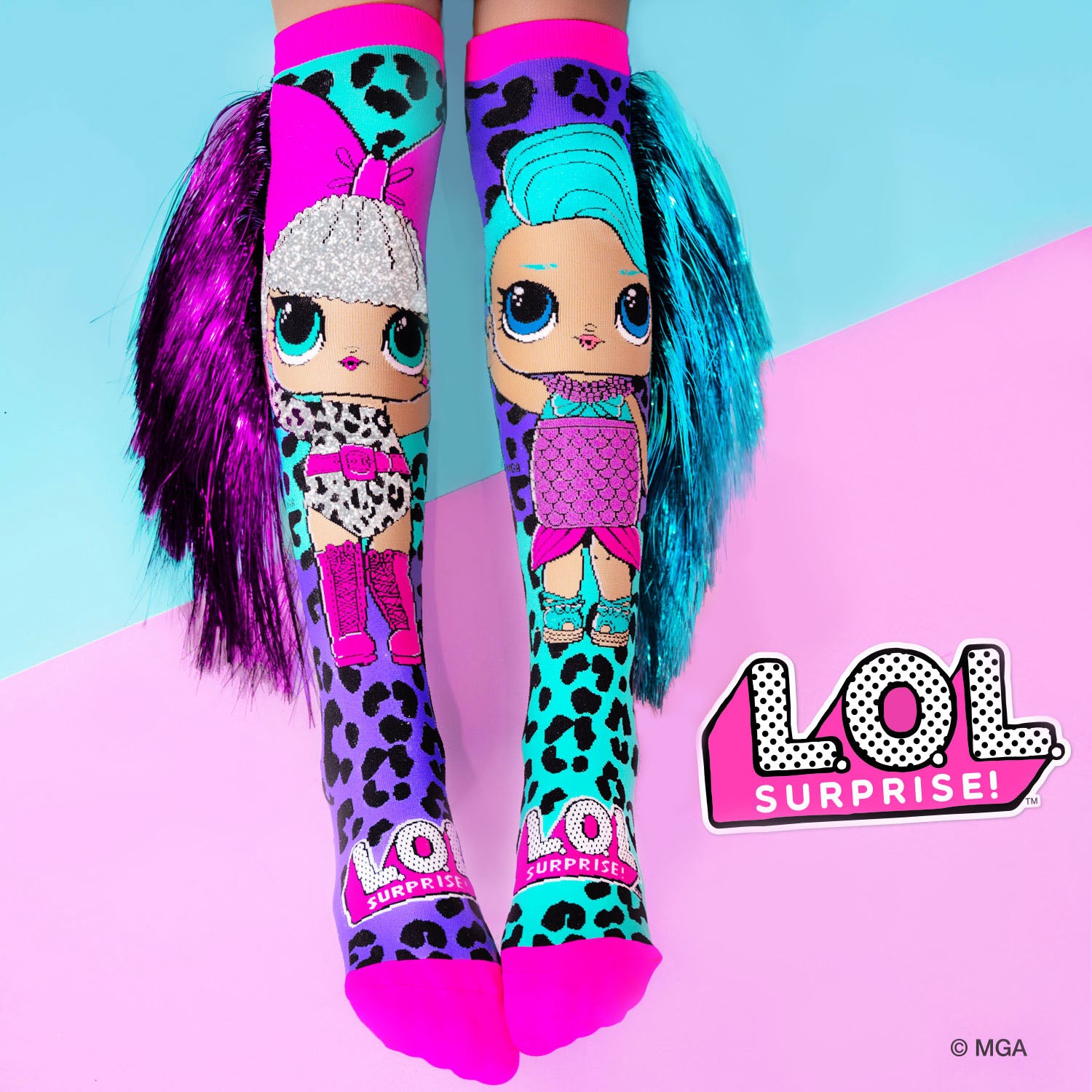 LOL Surprise Disco Dolls knee high socks featuring bold colors, fashionable doll graphics, and sparkly flowing tassels.