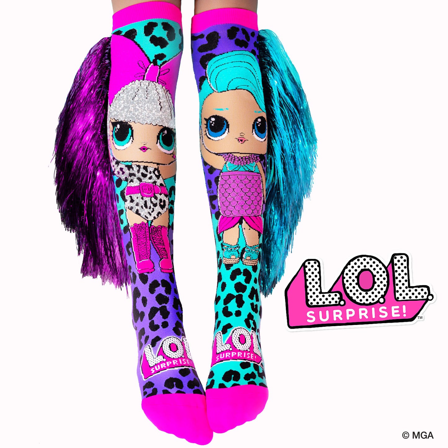 LOL Surprise Disco Dolls novelty socks with colorful character design and sparkly tassel details for party outfits.