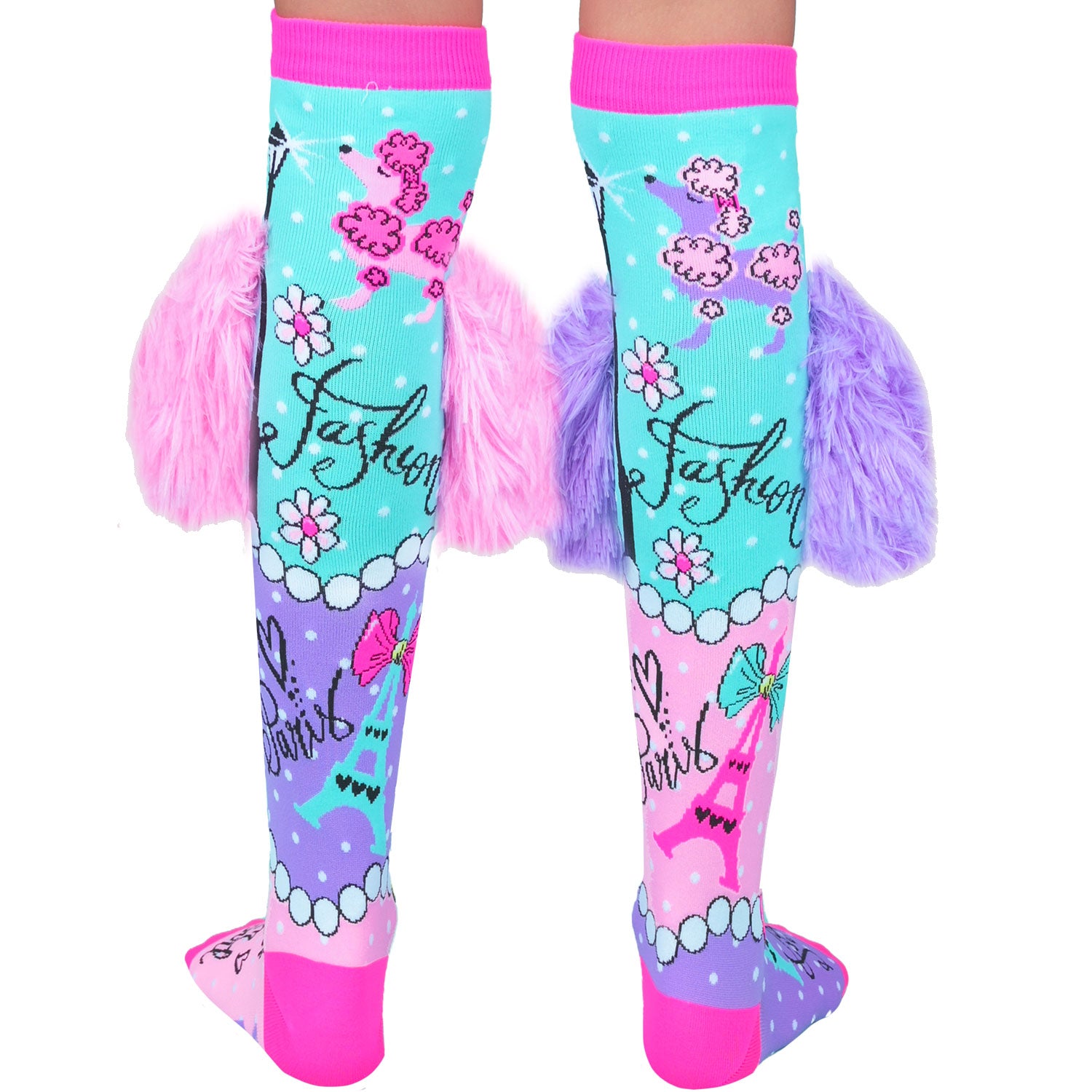 Paris adventure knee high socks with colorful travel-inspired graphics and fun whimsical style.