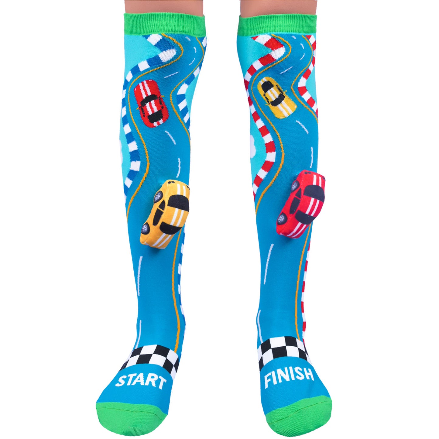Playful racing car socks with bright race-inspired colors and fun novelty design.