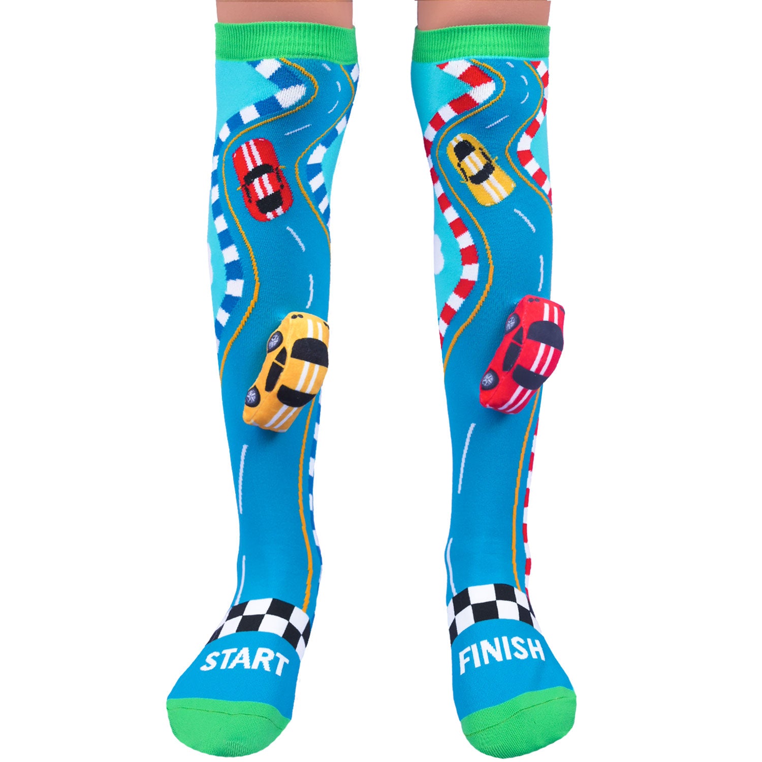 Playful racing car socks with bright race-inspired colors and fun novelty design.