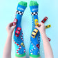 Race track style novelty socks with colorful car graphics and sporty playful design.