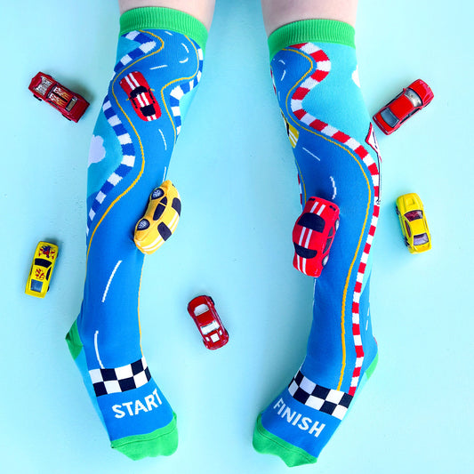 Racing car knee high socks featuring colorful race-inspired design and playful car graphics.