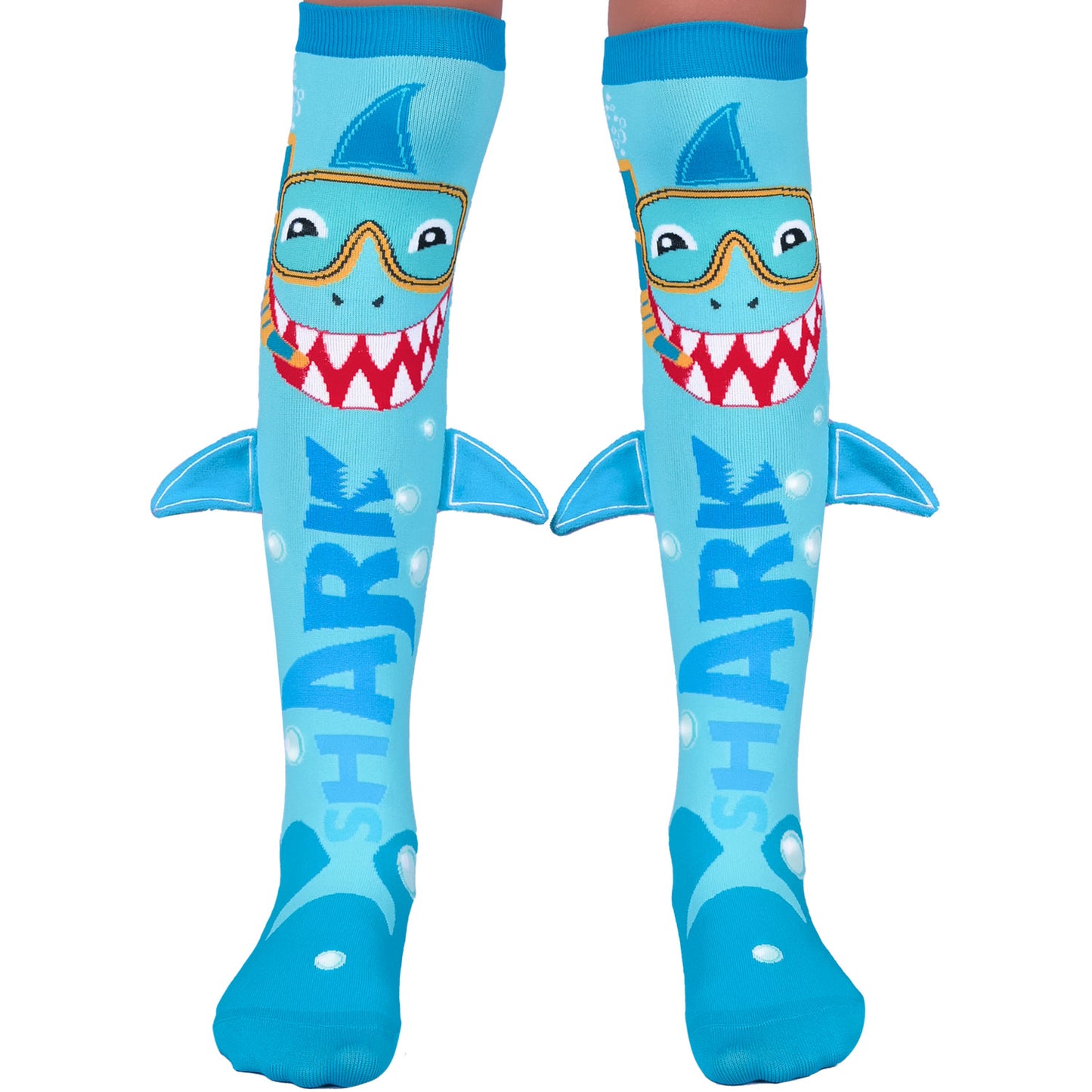 Shark novelty socks with playful underwater-inspired graphics and soft plush fin accents.