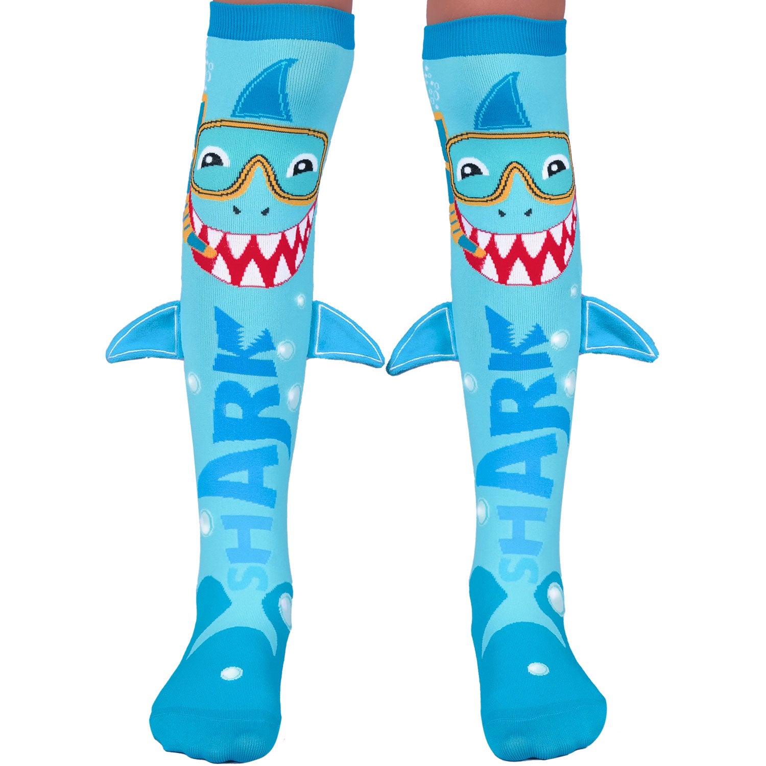 Shark novelty socks with playful underwater-inspired graphics and soft plush fin accents.