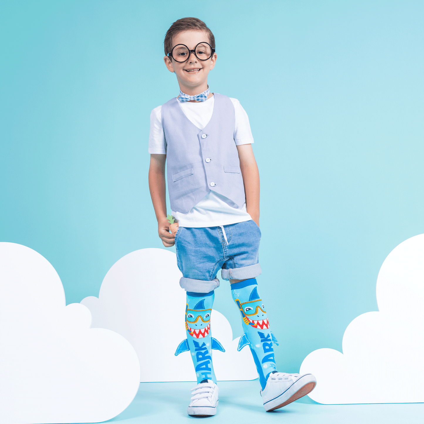 Shark unisex knee high socks featuring colorful ocean-inspired design and custom-made plush fins.