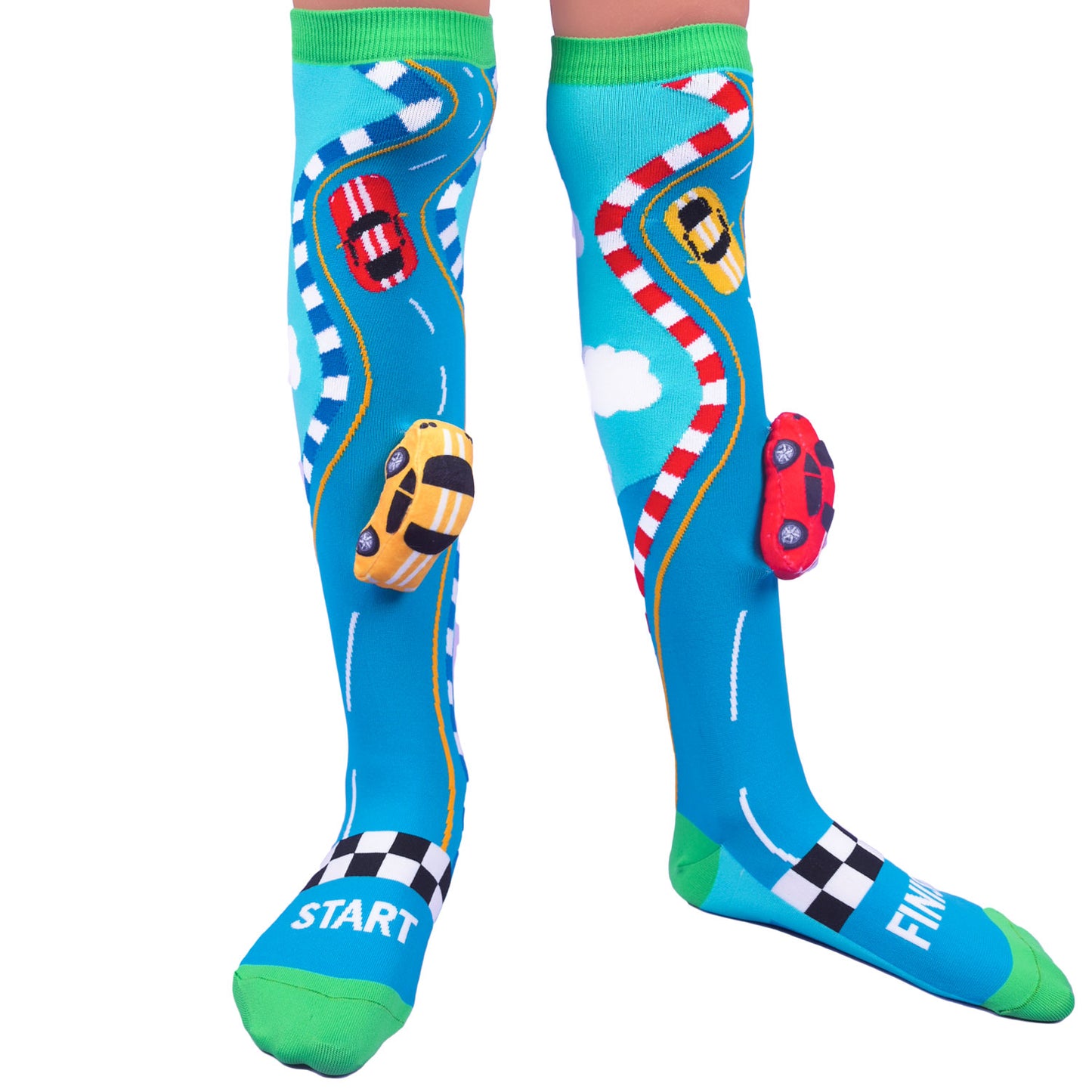 RACING CARS SOCKSSporty racing car knee high socks featuring colorful racing graphics and playful design.